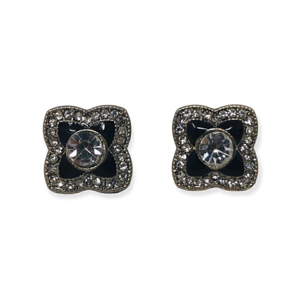 Pierced Earrings Evening Enamel Rhinestone Silver Black Post Bling Sparkling